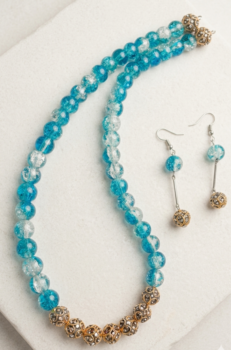 Blue Crackle Glass Bead Necklace Set