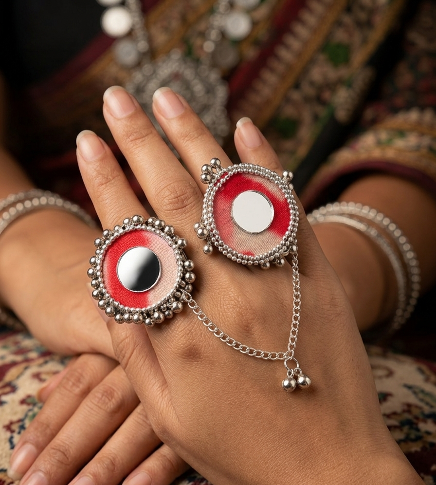 Handcrafted Fabric Mirror Work Attached Dual Ring with Chain - Image 2