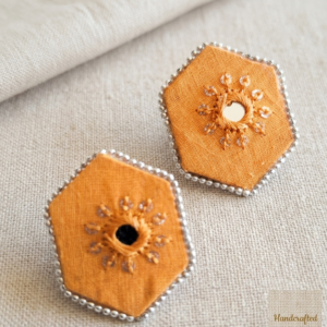 Fabric mirror work hexagon stud earrings