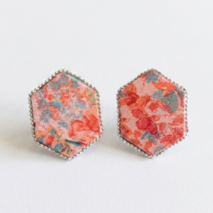 Multicolor Fabric Floral Hexagon Stud Earrings – Handcrafted Boho Studs