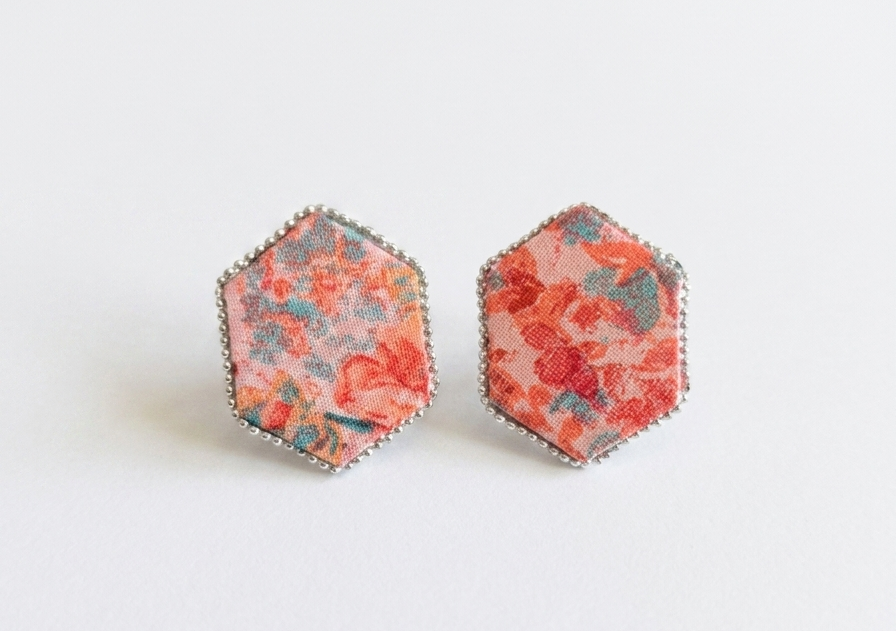 Multicolor Fabric Floral Hexagon Stud Earrings – Handcrafted Boho Studs