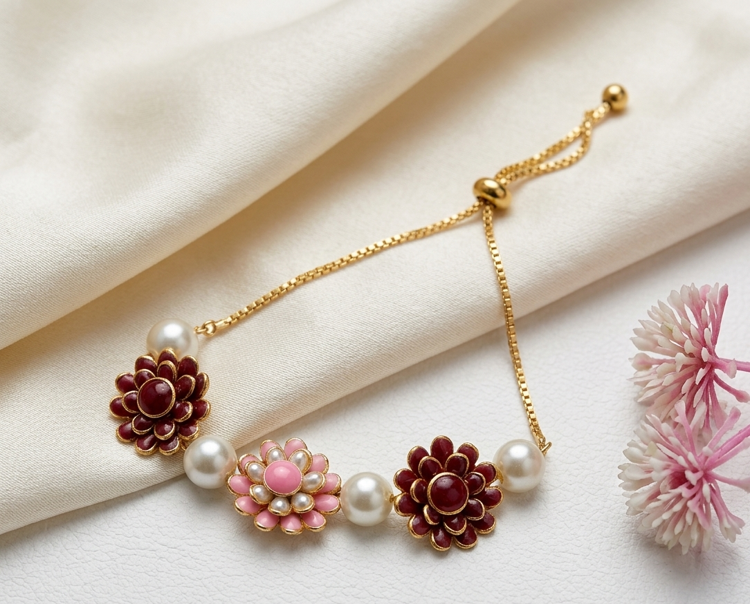 Floral enamel and pearl slider bracelet